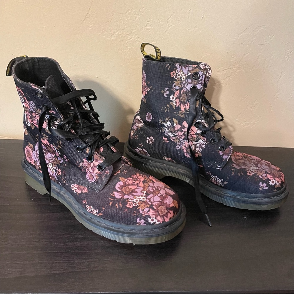 Doc Martens Floral Boots with Black Satin Laces